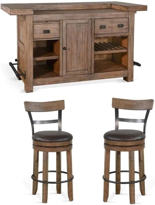 Pemberly Row Set of 3 Natural Brown Wood Bar Unit & 2 Swivel Barstool with Back