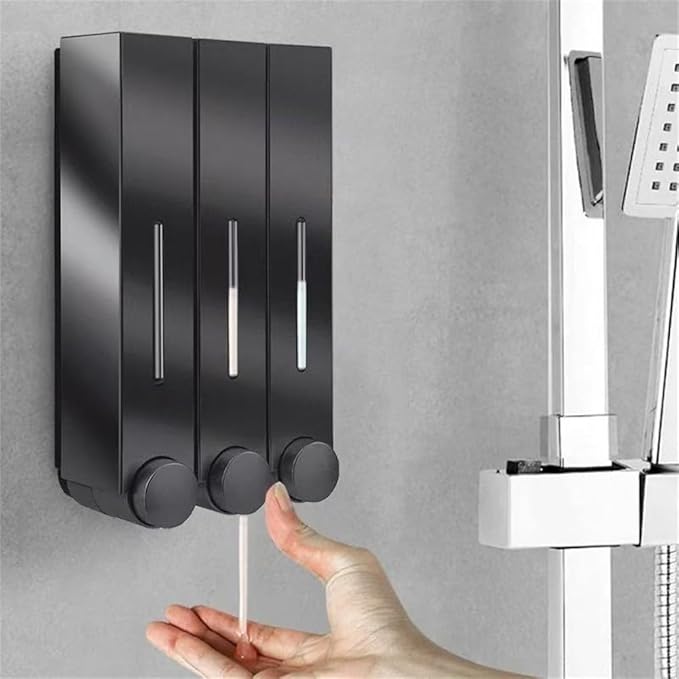 Wall Mounted Dispenser With Multiple Chambers Bathroom Soap Pump Container For Shampoo Shower Gel Conditioner Storage With Large Capacity 400Ml Transparent Window(Black Double)