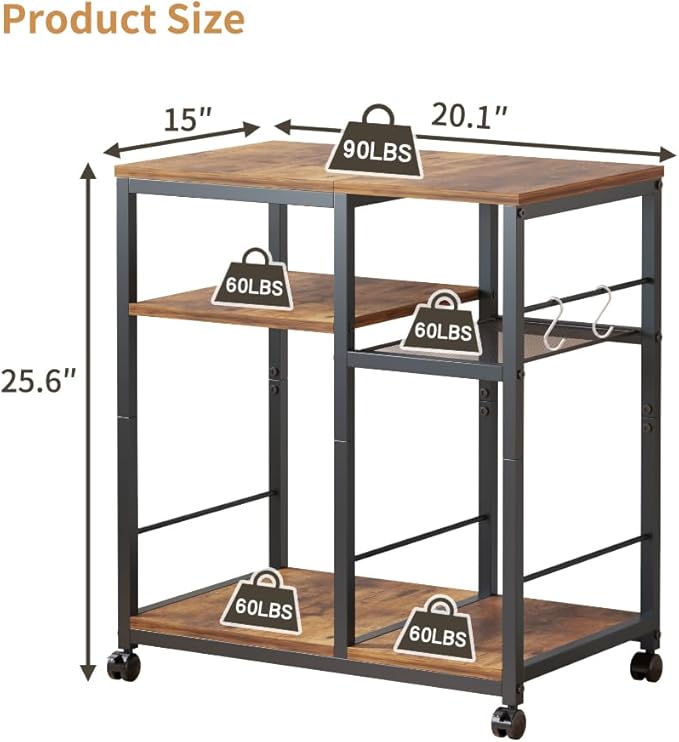Bakers Rack Kitchen Microwave Cart，Rolling Kitchen Cart with Lockable Wheels, 4-Tier Microwave Stand, Bakers Rack Island, Coffee Cart, Buffet Sideboard Cabinet for Office, Living Room