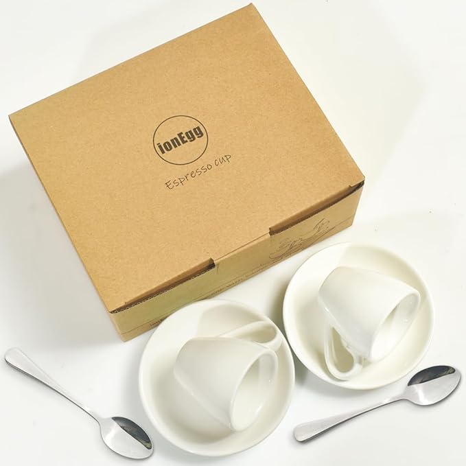 ionEgg Porcelain Espresso Cup with Saucer And Stainless Steel mini Spoons, Espresso shot Cup, 80ml/2.7Oz, Pack of 2, White