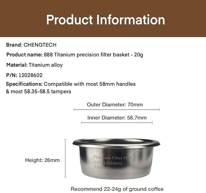 58mm 20g 888Ti Titanium Espresso Filter Basket – Precision 888 Holes, Straight-Walled Flat Bottom, Ridgeless for High Dose Extraction
