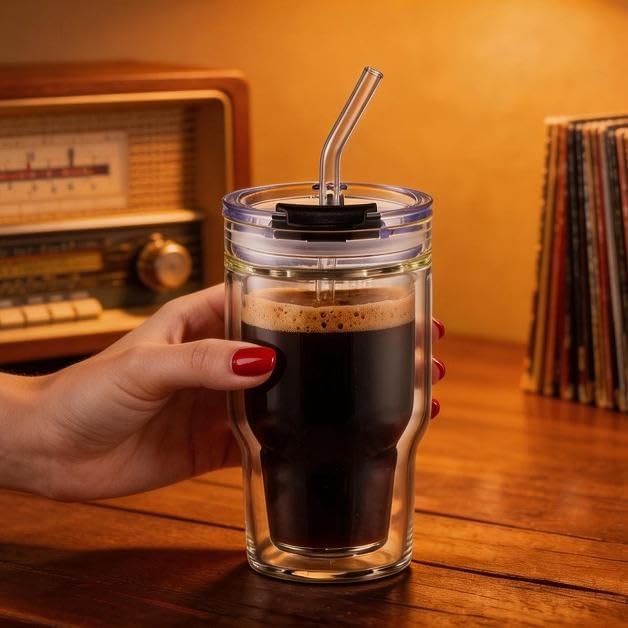 Double Walled Glass Espresso Cups, Insulated Coffee Mug with Straw and Lid - 12oz/350ml Reusable Tumbler for Hot/Cold Drinks, Smoothie, Latte, Matcha, Car & Travel
