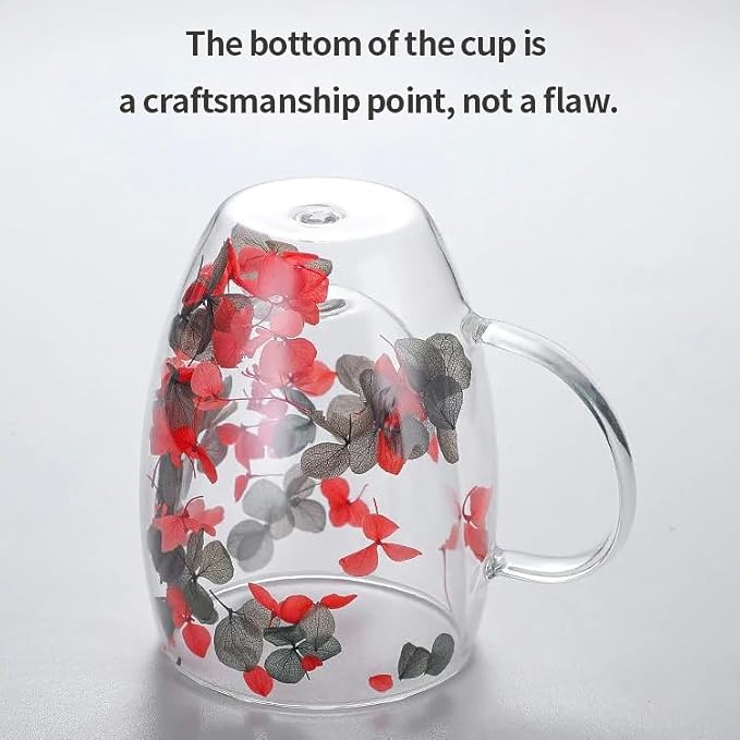 Double Glass Flower Tea Cup, Aesthetic Preserved Flower Cup, Cute Insulated Tea Cup with Handle, Heat Resistant & Lead-free Coffee Mugs, Gifts for Birthday Mother's Day, Perfect for Women Wife Mom (B)