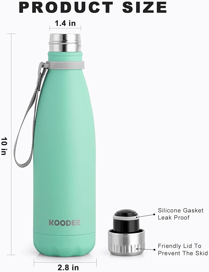 koodee Kids Insulated Water Bottle 2 Pack-17 oz Stainless Steel Double Wall Vacuum Insulated Water Bottle for School, Cola Shape Leak Proof Sports Flask (Aquamarine Blue-Sky Blue)