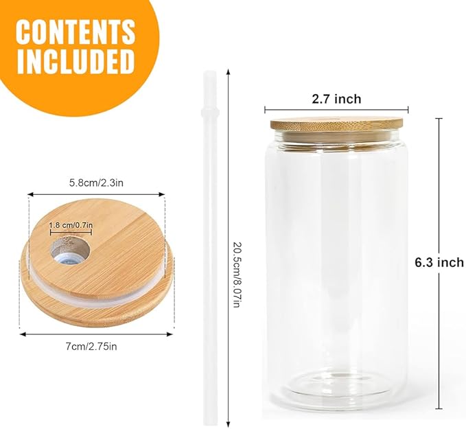 Sublimation Snow Globe Glass Can Blanks, 25Pack 16oz Sublimation Double Wall Glass Tumbler with Bamboo Lids and Straws, Reusable Clear Beer Can Mason Jar Mug for Snow Globe Glitter DIY