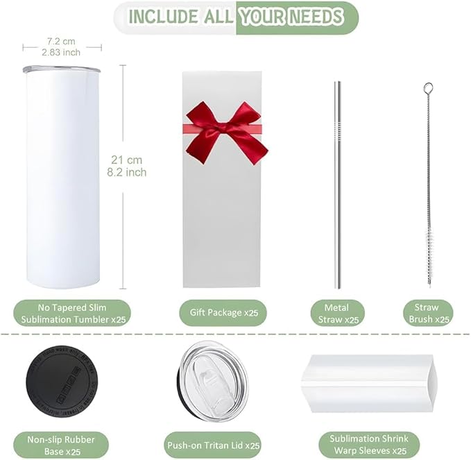 25 Pack Sublimation Blanks Tumblers with Lids and Straws Bulk, 20oz Sublimation Tumbler Skinny Straight, Stainless Steel Double Wall Polymer Coating for Heat Transfer Customized Gifts