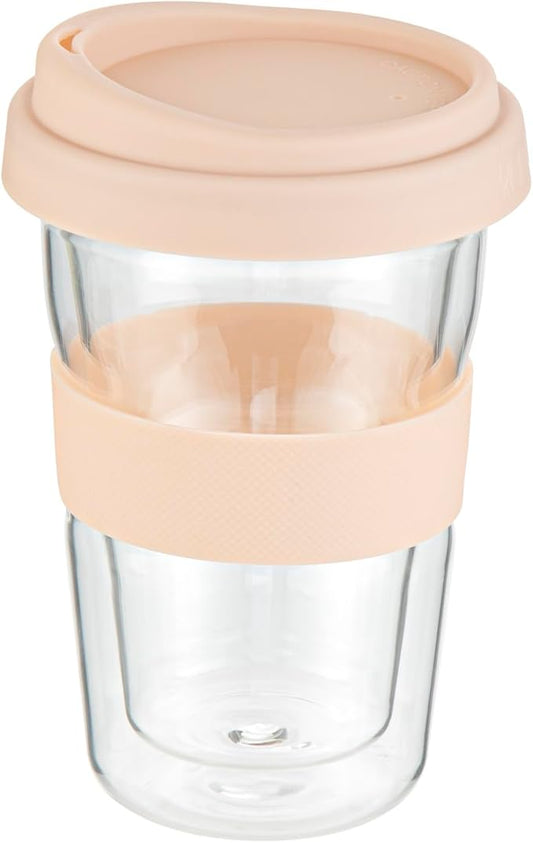 Restaurantware Glass Travel Mug 1 Count 14 Ounce Double Wall Borosilicate Reusable Coffee Cup, Spill-Resistant Tan Silicone Lid, Clear Drinkware Mug for Hot and Cold Beverages