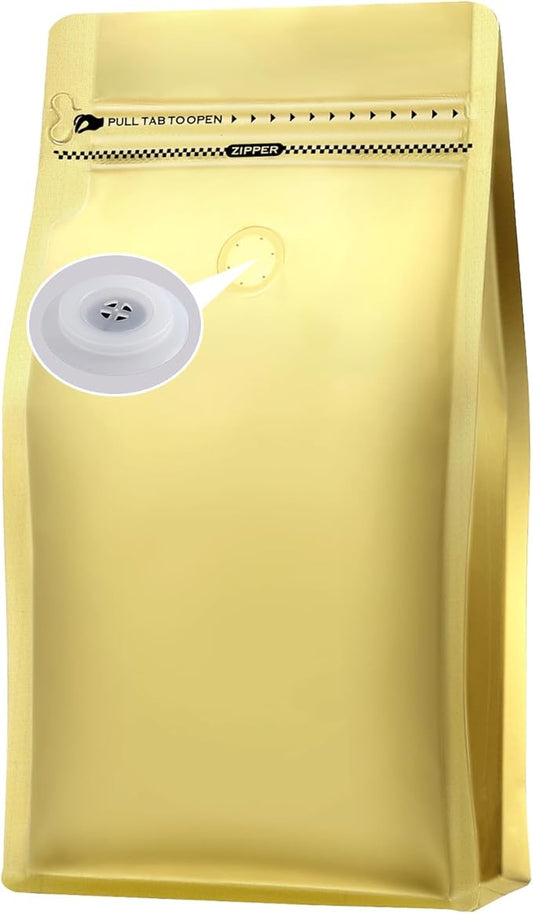 REMTAP Coffee Bags with Valve(50pcs,16 oz,1 lb) Gold High Barrier Aluminum Foil Flat Bottom Standing Coffee Beans Storage Bags,Reusable Heat Sealable Side Zipper Pouches for Home or Store