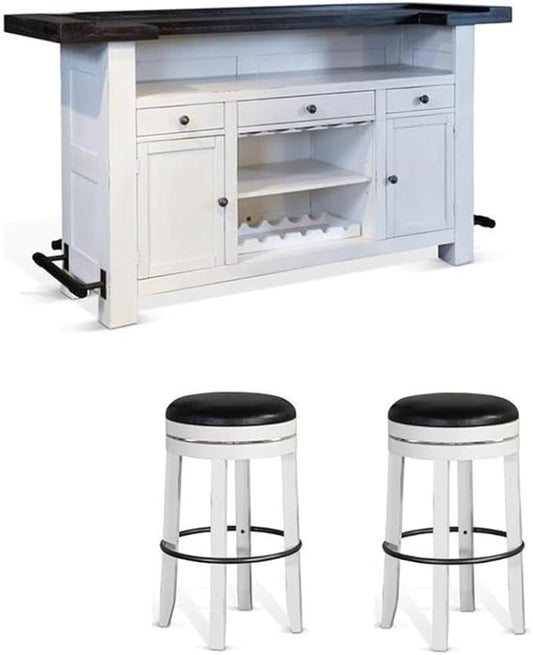Pemberly Row Set of 3 Wood Bar Unit and 2 Backless Swivel Barstool - White/Brown