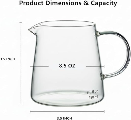Glass Creamer 8.5 oz, Small Milk Pitcher with Spout, Breast Milk Pitcher for Coffee Bar and Tea, Mini Cream Server, Clear Borosilicate Container