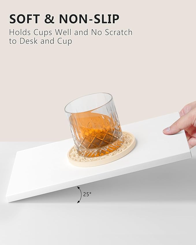 Drink Coasters, Coasters Set of 6 for Cup with Holder, Non-Slip Silicone Cup Mats for Hot and Cold Drinks, Cute Absorbent Coffee Bar Accessories Table Decor, Apricot