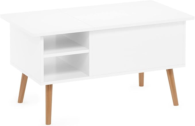 Furinno Jensen Living Room Wooden Leg Lift Top Coffee Table With Hidden Compartment and Side Open Storage Shelf, Solid White