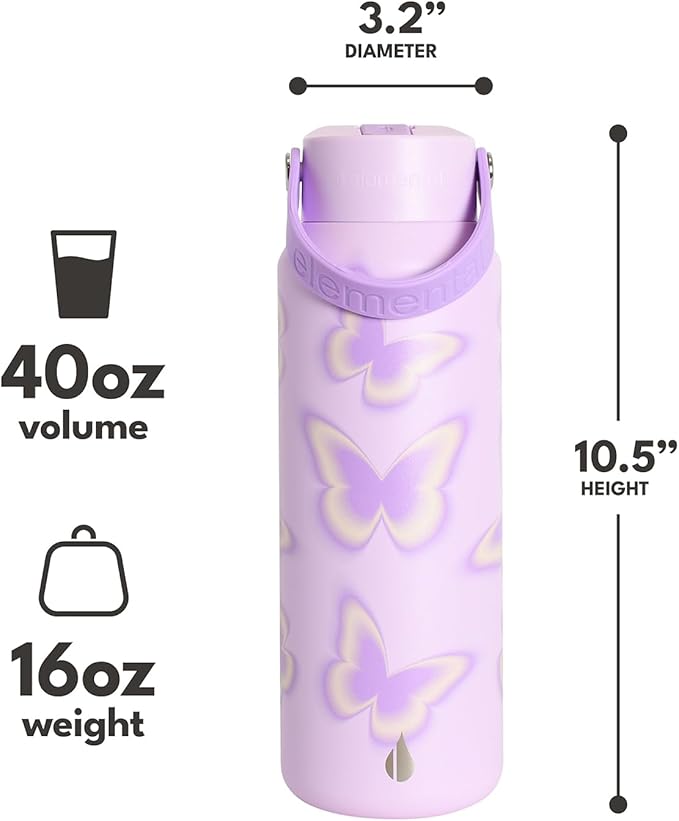 Elemental 40oz Insulated Water Bottle with Straw - 100% Leak-Proof Stainless Steel Core Water Bottles for Travel, Sports and Gym - Double Wall Insulation & BPA Free - Butterfly Kiss