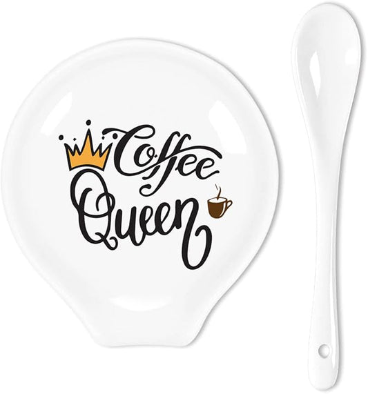 Funny Coffee Quote Colored Pattern Ceramic Coffee Spoon Holder-Coffee Spoon Rest -Coffee Station Decor Coffee Bar Accessories-Coffee Lovers Gift for Women and Men (Coffee Queen)