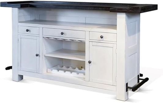 Pemberly Row 78" Farmhouse Wood Bar Unit with Foot Rail, Adjustable Shelves, Removable Wine Rack, Stemware Storage, in Espresso Finish