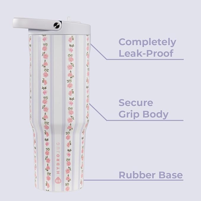 HydroJug Sport - Stainless Steel Tumbler with Straw, Vacuum Insulated, 40oz Leakproof Water Bottle, Ergonomic Design, Reusable, Dishwasher Safe, Rubber Base, Durable for Gym or Outdoors, Primrose