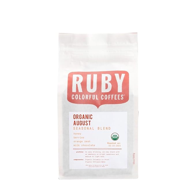 Organic August Blend - Roasted by Ruby Coffee Roasters - Whole Bean Coffee - 5 Pound Bag