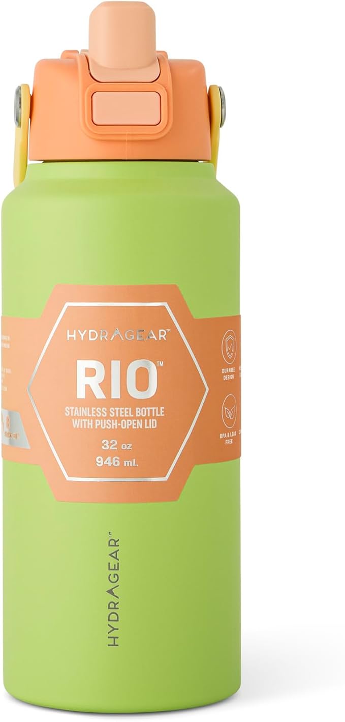 Hydragear RIO Stainless Steel Water Bottle – 32 oz (946 ml) – Double-Wall Vacuum Insulated with Push-Open Lid – BPA-Free - Radioactive