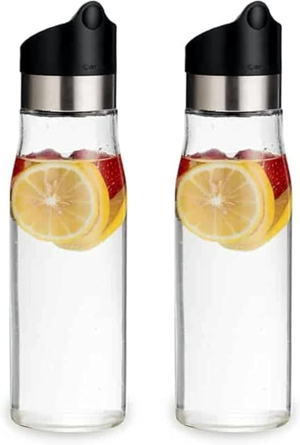 J&M DESIGN 2-Pack 28 OZ Glass Pitcher With Lid Water Carafe Easy Twist Stainless Steel & Plastic Lid w/Removeable Strainer Juice Beverage Iced Tea Ice Coffee Milk Dishwasher Safe Container Bottle Jar