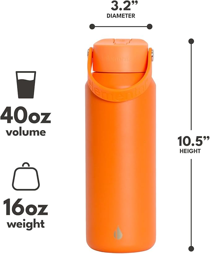 Elemental 40oz Insulated Water Bottle with Straw - 100% Leak-Proof Stainless Steel Core Water Bottles for Travel, Sports and Gym - Double Wall Insulation & BPA Free - Orange