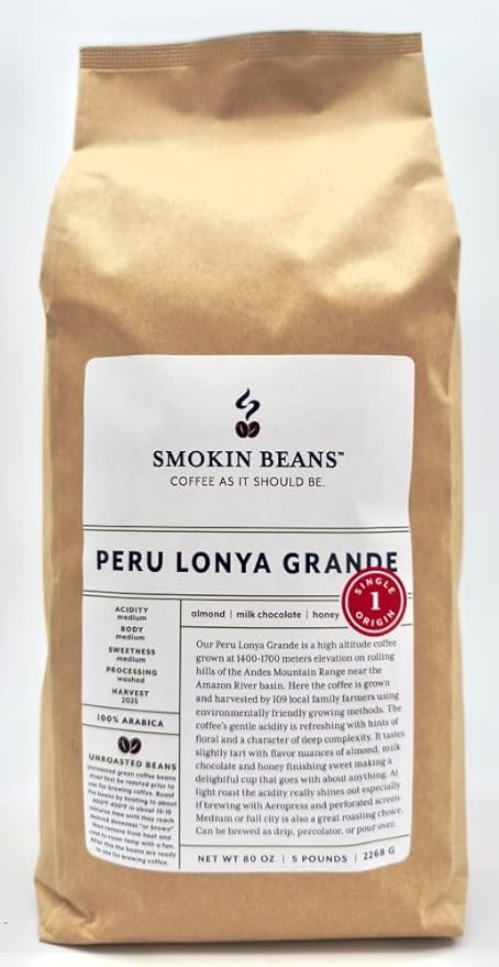 5-Pound Peru Lonya Grande, Unroasted Green Arabica Coffee Beans, Fresh Current Crop Specialty Grade, Roast the Beans Yourself at Home on Your Roasting Equipment Prior to Using for Brewing Coffee