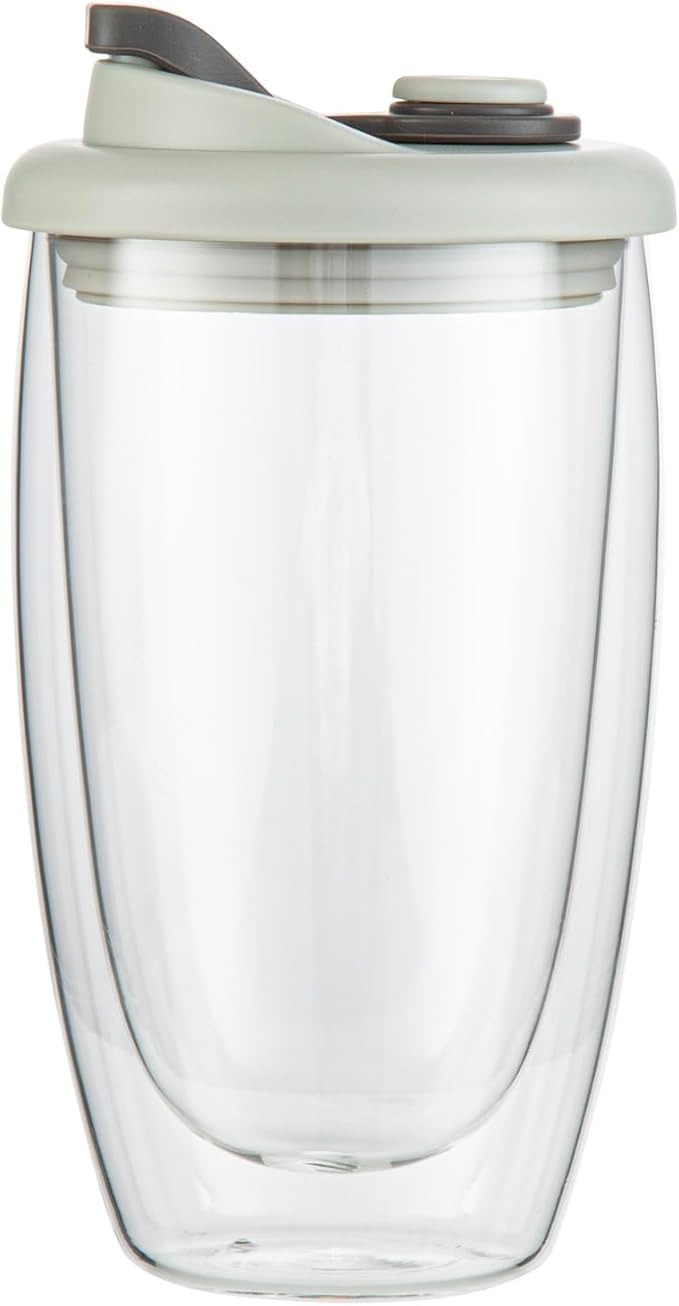 Restaurantware Glass Travel Mug 1 Count 15 Ounce Double Wall Borosilicate Reusable Coffee Cup, Spill-Resistant Gray Silicone Lid, Clear Drinkware Mug for Hot and Cold Beverages
