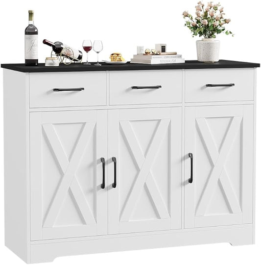 HOSTACK Modern Farmhouse Buffet Sideboard Cabinet, Barn Doors Storage Cabinet with Drawers and Shelves, Wood Coffee Bar with Storage for Dining Room, Kitchen, Living Room, White/Black