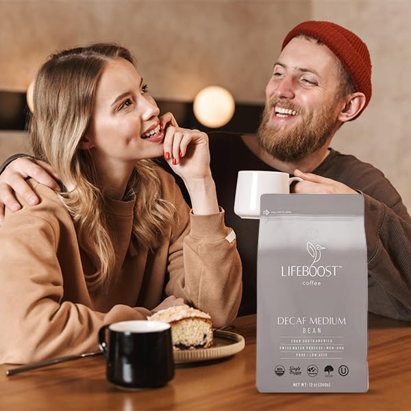 Lifeboost Medium Roast Swiss Water Decaf Whole Bean Coffee - Low Acid Organic Decaf Coffee, Non-GMO, USDA Organic, Single Origin, Third-Party Tested for Mycotoxins & Pesticides - 12 oz Bag