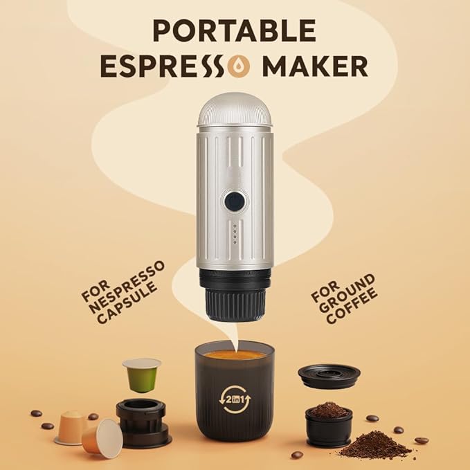 BENFUCHEN Portable Espresso Machine For Travel, USB-C Charging, Self-Heating Electric Espresso Maker, 19 Bar Mini Coffee Maker On the Go For Camping/Hiking, Ground Coffee & NESPRESSOpods (Champagne)