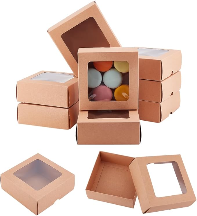 BENECREAT 10PCS Brown Kraft Paper Box with Clear Window, 5.12x5.12x1.97inch Square Kraft Paper Gift Box for Wedding Party Gifts, Festival Jewelry Packaging, Candy Storage