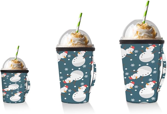Snowman Reusable Insulator Coffee Sleeves for Drinks Beverages, Cute Snowman Christmas Neoprene Holder with Handle for Most Coffee or Ice Drink, 30-32oz