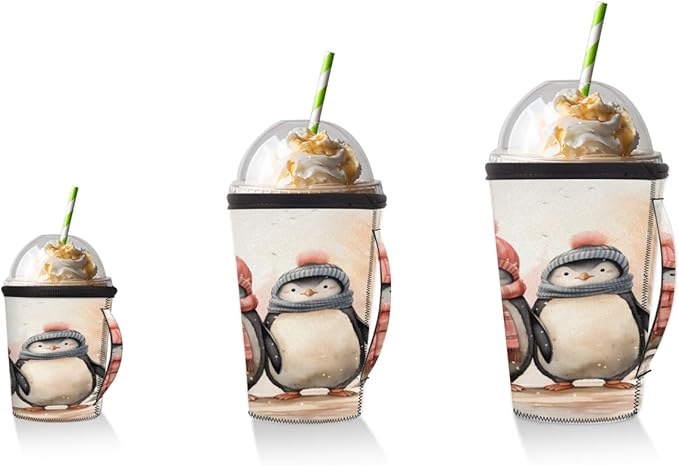 Penguin Reusable Insulator Coffee Sleeves for Drinks Beverages, Winter Penguins Neoprene Holder with Handle for Most Coffee or Ice Drink, 16-18oz