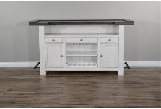 Pemberly Row 78" Farmhouse Wood Bar Unit with Foot Rail, Adjustable Shelves, Removable Wine Rack, Stemware Storage, in Espresso Finish