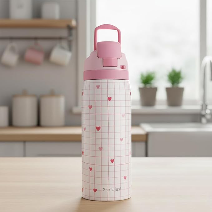 Heart Insulated Stainless Steel Water Bottle with Straw for Sports and Travel, 32oz, Gifts for Women Girls Friends Teens Birthday Christmas (Grid Background)