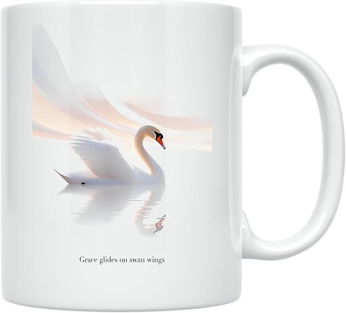 Bird Lover Coffee Mug - Grace Glides on Swan Wings - 11 oz White Ceramic - Minimalist Elegance