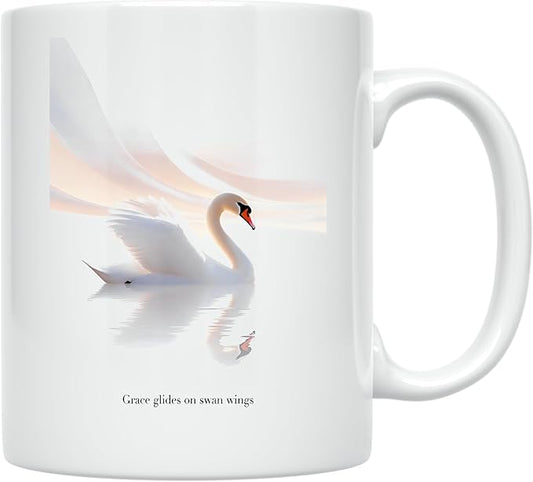 Bird Lover Coffee Mug - Grace Glides on Swan Wings - 11 oz White Ceramic - Minimalist Elegance