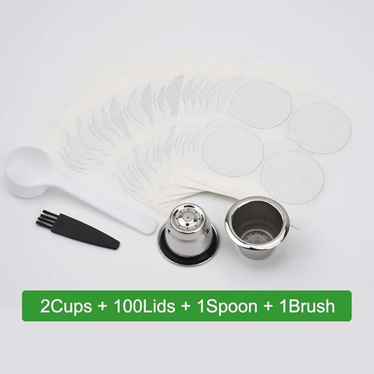 Reusable Espresso Capsules Refillable Coffee Pods Stainless Steel Cups Filters Compatible for Nespresso Original Line Machines with Aluminum Foil Seals Stickers Lids (2 Cups+100 Lids)