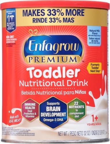 Enfagrow Premium Toddler Nutritional Drink, Made with Real Milk, Brain-Building Omega-3 DHA, Nutrients and Prebiotics for Growth & Immune Support, Non-GMO, Toddler Milk Powder, 32 Oz Can (Pack of 3)