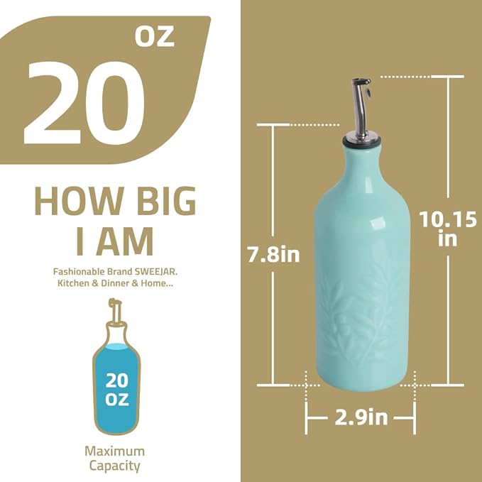 Sweejar Ceramic Olive Oil Dispenser Bottle, 20 Oz Relief Opaque Oil Cruet Protects To Reduce Oxidation, Suitable for Storage,Vinegar, Soy Sauce,Liquids,Set of 2 (White White)
