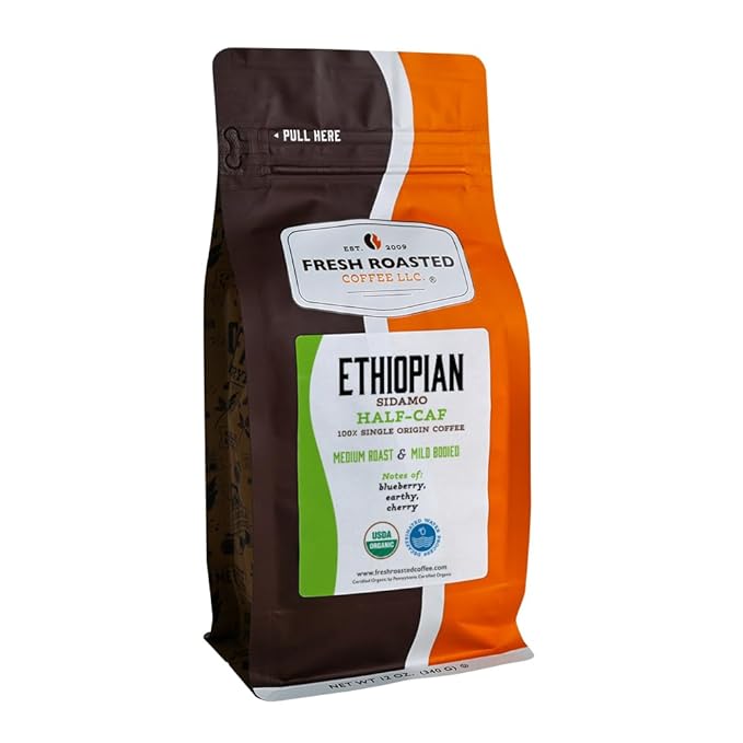 Fresh Roasted Coffee, Organic Ethiopian Sidamo Water-Processed Half-Caf | USDA Organic, 100% Single Origin, Kosher | Medium Roast 12 oz Whole Bean