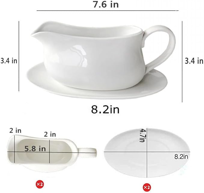 Large 17 Oz Gravy Boat and Tray White Fine Porcelain Saucier With Big Dripless Lip Spout For Gravy, Warming Sauces, Salad Dressings, Milk | Microwave & Freeze
