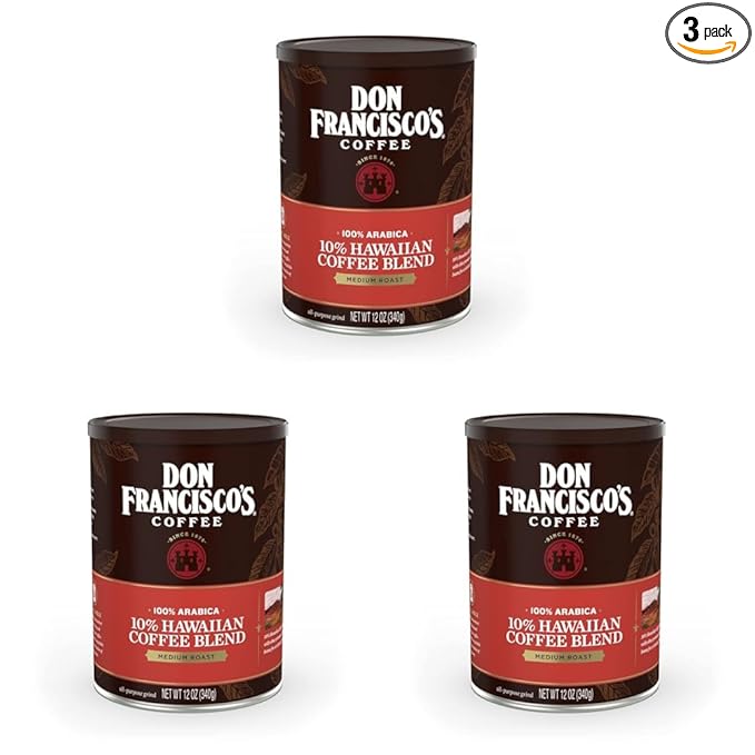 Don Francisco's Premium Hawaiian Blend Ground Coffee, 10% Hawaiian, Rich Flavor, Floral Aroma, Fruity Notes, 3-Pack (12 oz Recyclable Cans)