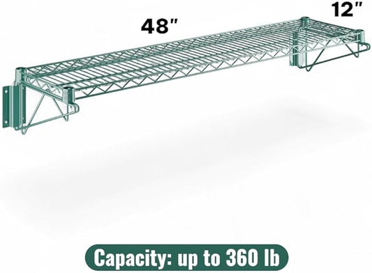 12" x 48" Green Wall-Mounted Wire Shelf with Epoxy Coating, Heavy-Duty Steel Storage Rack, NSF Certified, Easy Installation, Open Wire Design for Kitchen, Garage, or Utility Storage