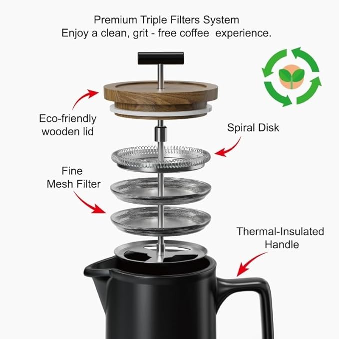DHPO Ceramic French Press Coffee Maker, 22oz Single Serve Coffee Press with Walnut Wood Lid, Lead-Free, Food Grade Stainless Steel Filter with Dual Screen for Coffee and Loose Tea, Black