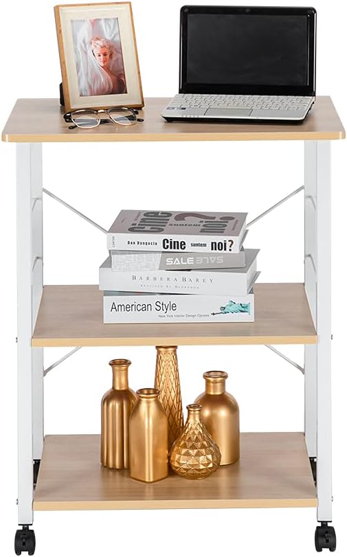 VINGLI Kitchen Cart, 3 Tier Standing Baker's Rack Utility Storage Shelf Microwave Oven Stand with 10 S-Shape Hooks Rolling Lockable Caster (Beige & White)