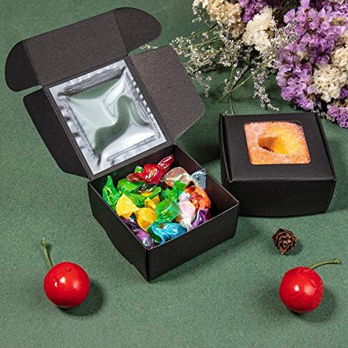 BENECREAT 30 Packs 2.5x2.5x1.2 Square Black Kraft Paper Boxes with Clear Windows for Wedding Party Favor Treats, Bakery, Jewelry, Christmas, Festival Gift Packaging