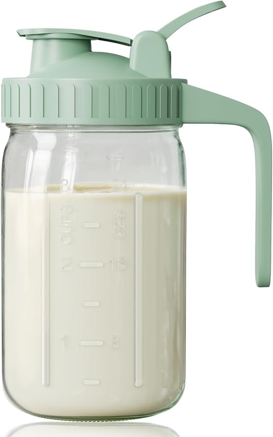 Breast Milk Pitcher, Mason Jar 32 oz, Heavy Duty Wide Mouth Jar with Green Flip Cap Lid and Pour Spout, Airtight Seal for Freshness and Convenience, Great for Cold Beverages and Home Entertaining