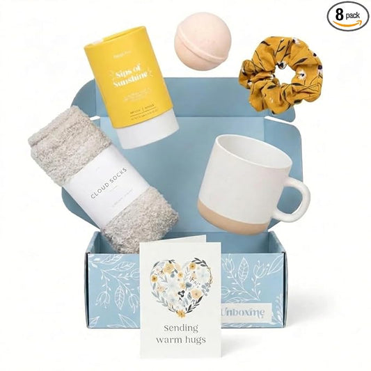 Unboxme Gift Basket for Women, Spa Gifts for Women Self Care Package with Herbal Tea, Mug, Bath Bomb, Candle, Cloud Socks, Lip Balm, Sheet Mask & Card