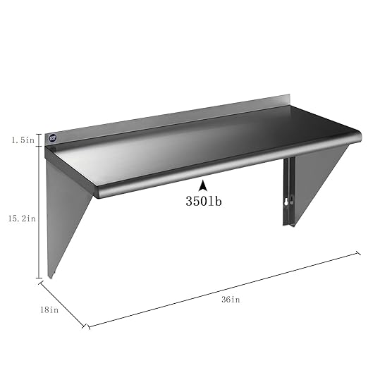 ROCKPOINT Stainless Steel Shelf 18 x 36 Inches 350lb, NSF Metal Commercial Shelves Wall Mount Floating Shelving with Backsplash for Restaurant, Kitchen, Home and Hotel, Silver