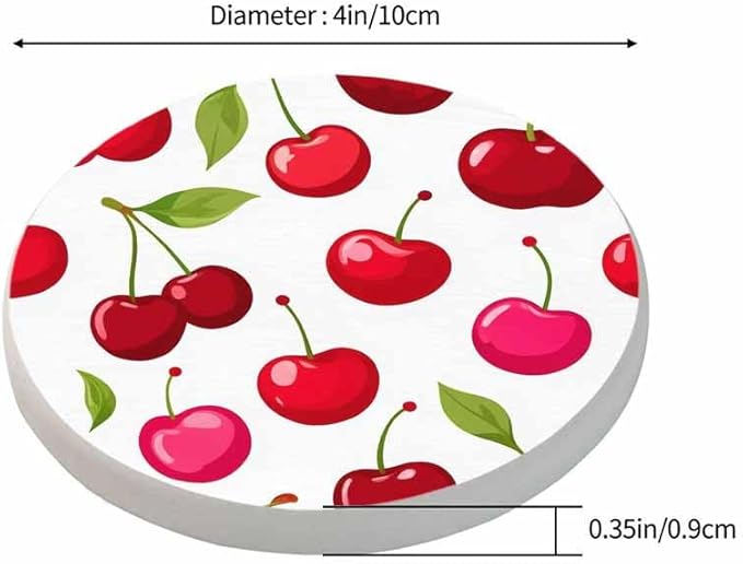 Cherry Berries Coasters for Drinks Office Coffee Table Healthy Fresh Fruit Food Glossy Leaf Organic Ripe Sweet Graphic Living Room Decor Set of 2 for Cold Drinks Wine Mugs and Cups 4 Inch